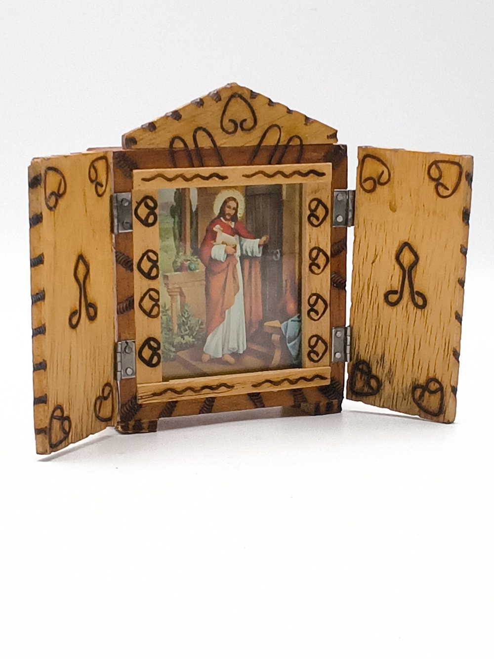Vintage Wooden Triptych Folding Altar Shrine - Jesus as Shepherd Wood Burn Spain